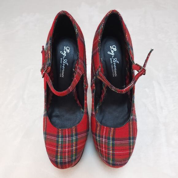 Vintage Y2k Plaid Platform Mary Jane Heels 6 Red 6.5 Inch Heel Height Pleasers - Picture 4 of 10